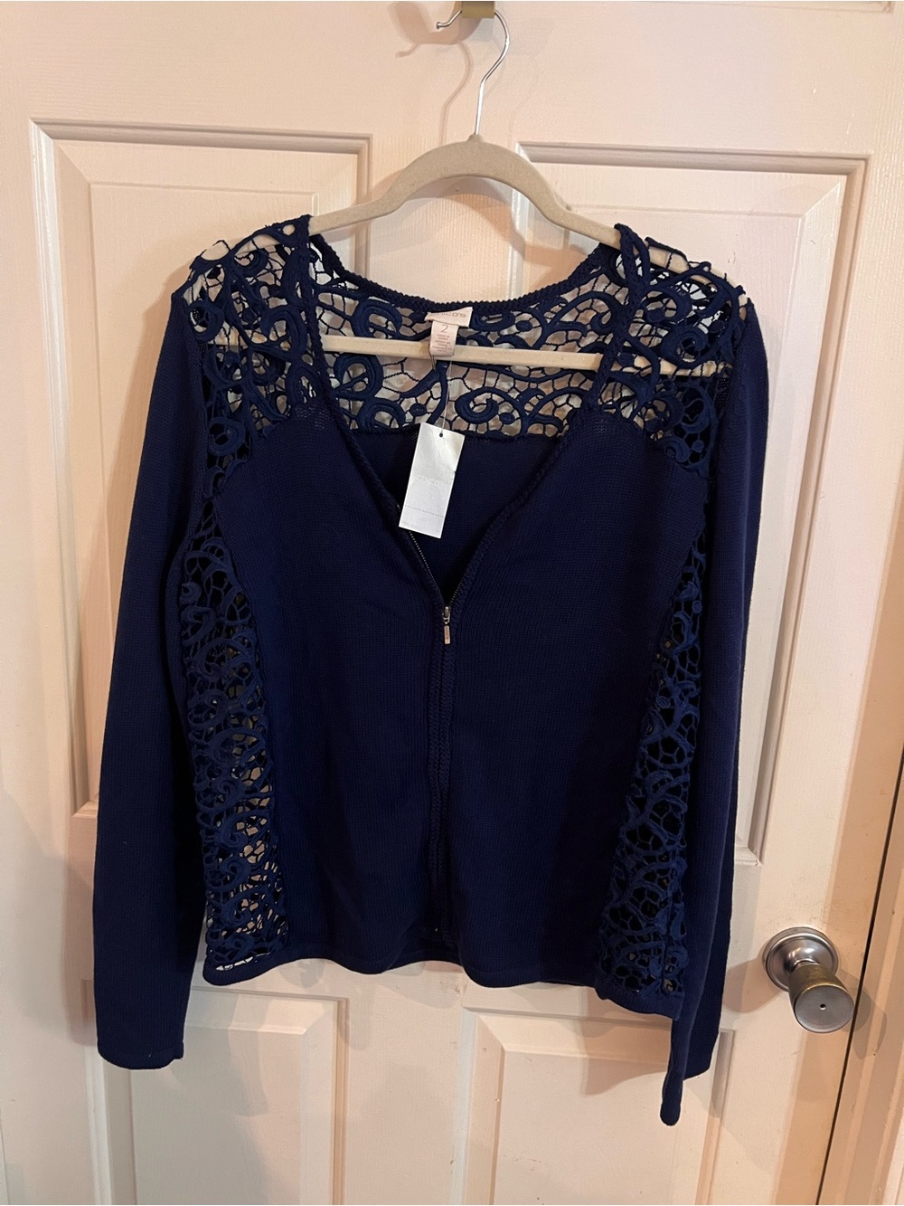 Chico's Navy Blue Crochet-Detail Zip Front Cardigan
